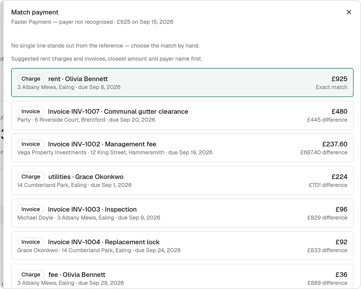 SortX bank feed with an incoming payment being matched to a tenancy, using sample data