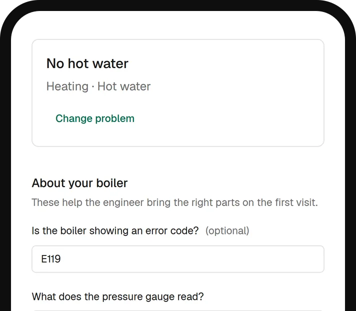 The tenant repair form on a phone, asking guided questions about the fault